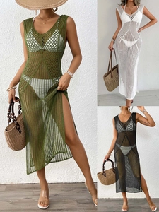 Women Sexy Crochet Hollow Out Beach Cover Up Dress V Neck Sleeveless Knitted Maxi Dress With Side Slit For Summer Vacation