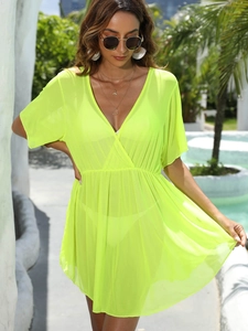 Cache-maillot de plage vert fluo transparent avec col en V profond et taille élastique chic