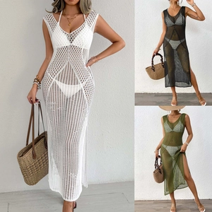 Three-color crochet beach cover-up maxi dress with honeycomb mesh and side slit detail
