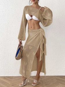 Women's two-piece crochet set with cutout heart knit top and side slit maxi skirt