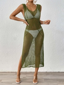 Close-up of army green crochet mesh texture and side slit detail on beach cover-up dress