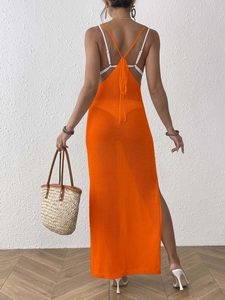 Bright orange knit beach dress for women featuring backless ties and sexy side slits