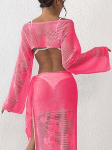 Pink heart crochet knit two-piece beach cover-up set with cropped top and midi skirt
