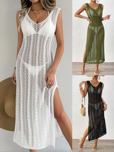 Copricostume da Spiaggia Sexy all'Uncinetto con Scollo a V Senza Maniche e Spacco Laterale Vestito Lungo Bohemienne Mare