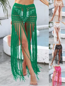 Gonna da Spiaggia Boho all'Uncinetto Donna con Frange Lunghe Copricostume in Maglia con Coulisse e Frange per Vacanze