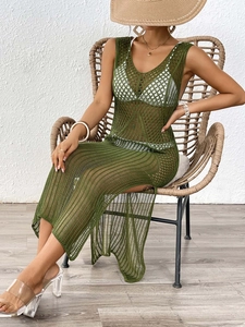 Women's V-neck dark green crochet beach cover-up maxi dress with side slit