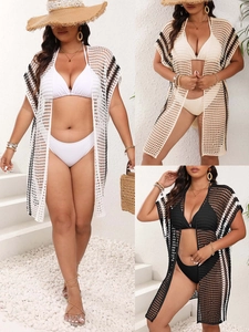 Cache Maillot de Plage Grande Taille Ajouré au Crochet pour Femme Cardigan en Maille Rayé Bloc de Couleur Haut Bikini Ample
