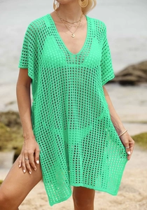 Detail of mint green crochet knit beach cover-up with V-neck and openwork patterns