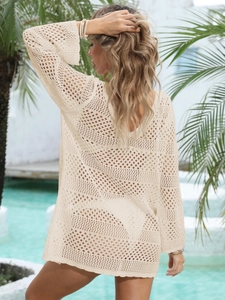 Robe de plage au crochet crème pour femme avec maille ajourée et manches évasées