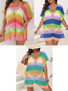 Women Plus Size Color Block Striped Hollow Out Crochet Knit Beach Cover Up V Neck Side Slit Summer Vacation Swimwear Tunic