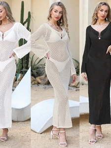 Copricostume da Mare Lungo in Maglia a Uncinetto da Donna Sexy Scollo a V Maniche a Campana Tinta Unita Traforato Vacanza