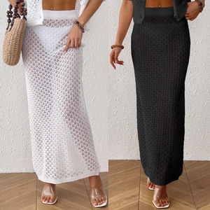 Detail of white and black hollow knit beach skirts with breathable crochet texture