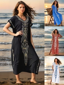 Robe Maxi Bohême Brodée à Col en V pour Femmes Rayonne Cache-maillot de Plage Ample Robe Longue de Vacances
