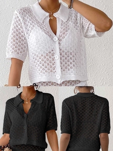 Detailansicht der Häkelstruktur und Knöpfe am Damen V-Ausschnitt Polo-Cardigan