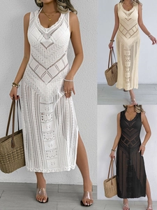 Robe Cache-Maillot de Plage Sexy en Tricot au Crochet pour Femmes Dos Nu Fente Latérale Sans Manches Robe Longue de Vacances