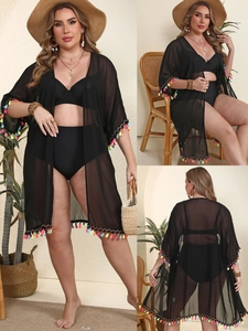 Women's Plus Size Black Chiffon Beach Cover-Up Kimono Cardigan With Colorful Fringe Tassels Boho Semi Transparent Summer Top