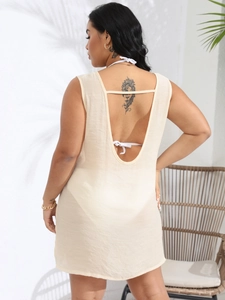 Sleepless beige backless lace beach cover-up dress with sequins and floral embroidery