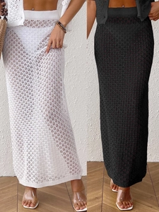 Women's Sexy Hollow Out Crochet Maxi Skirt High Waist Sheer Beach Wrap Knit Long Skirt For Vacation Resort Wear