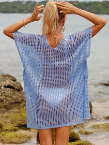 Detail of light blue knit beach cover-up with hollow crochet mesh pattern and back view