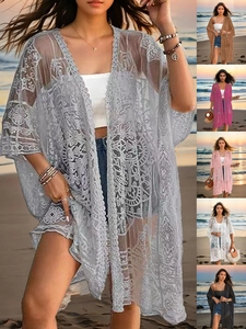 Women Sexy Lace Embroidery Sheer Beach Cover Up Kimono Cardigan Open Front Sunscreen Shirt For Bikini Vacation