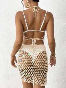 Women's white sequin crochet bikini top and beige hollow knit skirt beach set back view