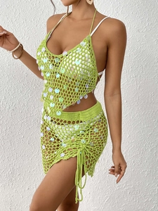 Green sequined crochet bikini top and drawstring mini skirt set for women's beachwear