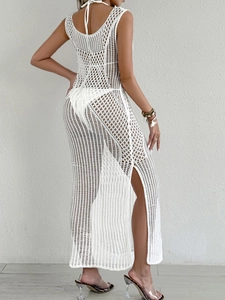 White crochet halter beach cover-up maxi dress with backless design and high side slit