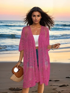 Hot pink lace crochet cardigan for women featuring floral embroidery and beach style