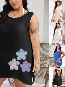 Women Plus Size Sexy Backless Beach Cover Up Dress 3D Flower Embroidered Sequins Summer Vacation Sleeveless Bikini Cover Up