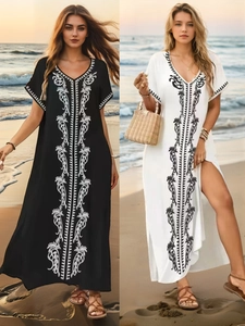 Women Bohemian Embroidery Beach Cover Up V Neck Side Split Loose Rayon Maxi Dress Vintage Ethnic Floral Holiday Kaftan