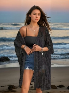 Elegant black lace embroidery beach cardigan for women with sexy hollow out sheer design