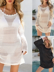 Women's Crochet Beach Cover Up Dress Hollow Out Knit Long Sleeve Wavy Edge Bikini Swimsuit Coverup Summer Resort Wear