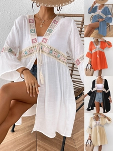 Copricostume da Spiaggia Bohemien da Donna Con Pizzo Ricamato Paillettes Nappe Manica a Campana Bikini da Vacanza Estiva