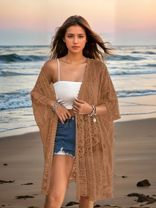 Brown sheer lace cardigan with floral embroidery for beach bikini cover-up