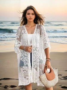 Bohemian white lace long cardigan with floral embroidery for beach bikini cover up