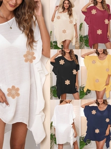 Women Loose Ruffle Beach Bikini Cover Up Dress Solid Color Crochet Flower Batwing Sleeve Holiday Swimwear Sun Protection Top
