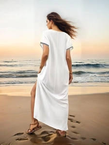 Boho white beach cover-up maxi dress with black embroidery and side split detail