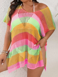 Detail of multi-color striped hollow out crochet beach cover-up with knit mesh texture