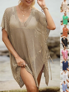 Women Crochet Beach Cover Up V Neck Hollow Out Knit Bikini Coverup Swimwear Side Drawstring Vacation Beach Dress Outwear