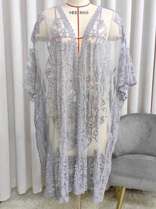 Detailed close-up of light grey sheer floral embroidery lace cardigan on a mannequin