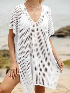 White crochet hollow-out beach cover-up with V-neck and side slits for women