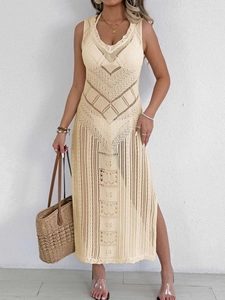 Robe de plage au crochet beige avec tricot ajouré géométrique et fente latérale femme