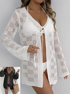 Cache-maillot de Plage en Crochet Ajouré pour Femmes Sexy Col en V Lacet Devant Manches Longues Gilet en Tricot Vacances