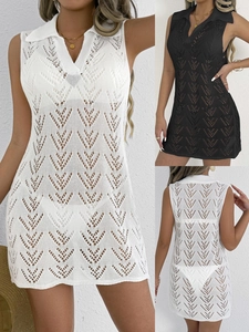 Women Sexy Crochet Hollow Out Sleeveless Mini Dress V Neck Lapel Beach Cover Up Knit Tunic Summer Vacation Sun Protection