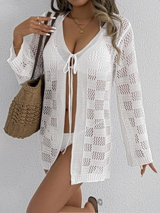 Cache-maillot de plage blanc au crochet à manches longues avec lien devant et maille ajourée