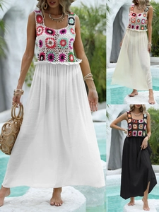 Robe Maxi Patchwork au Crochet Bohème pour Femmes Carré de Grand-mère Floral Fait Main Ajouré Sortie de Plage Vêtements Sans Manches