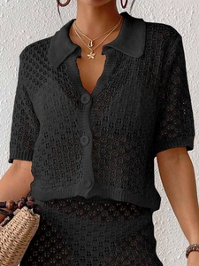 Schwarzes Häkel-Poloshirt für Damen mit V-Ausschnitt, hohl gestricktem Muster und Knöpfen
