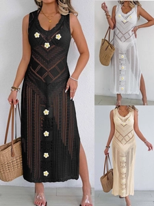 Robe Cache Maillot au Crochet Sexy pour Femmes Motif Marguerite Ajouré Sans Manches Col en V Fente Latérale Robe Longue de Vacances Bohème