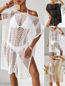 Cache-Maillot de Plage Sexy au Crochet Ajouré pour Femmes Maille Transparente Couleur Unie Fendu Robe de Vacances