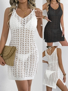 Women Crochet Hollow Out Beach Cover Up Dress Halter V Neck Sleeveless Side Slit Mini Dress Sexy Swimsuit Coverup